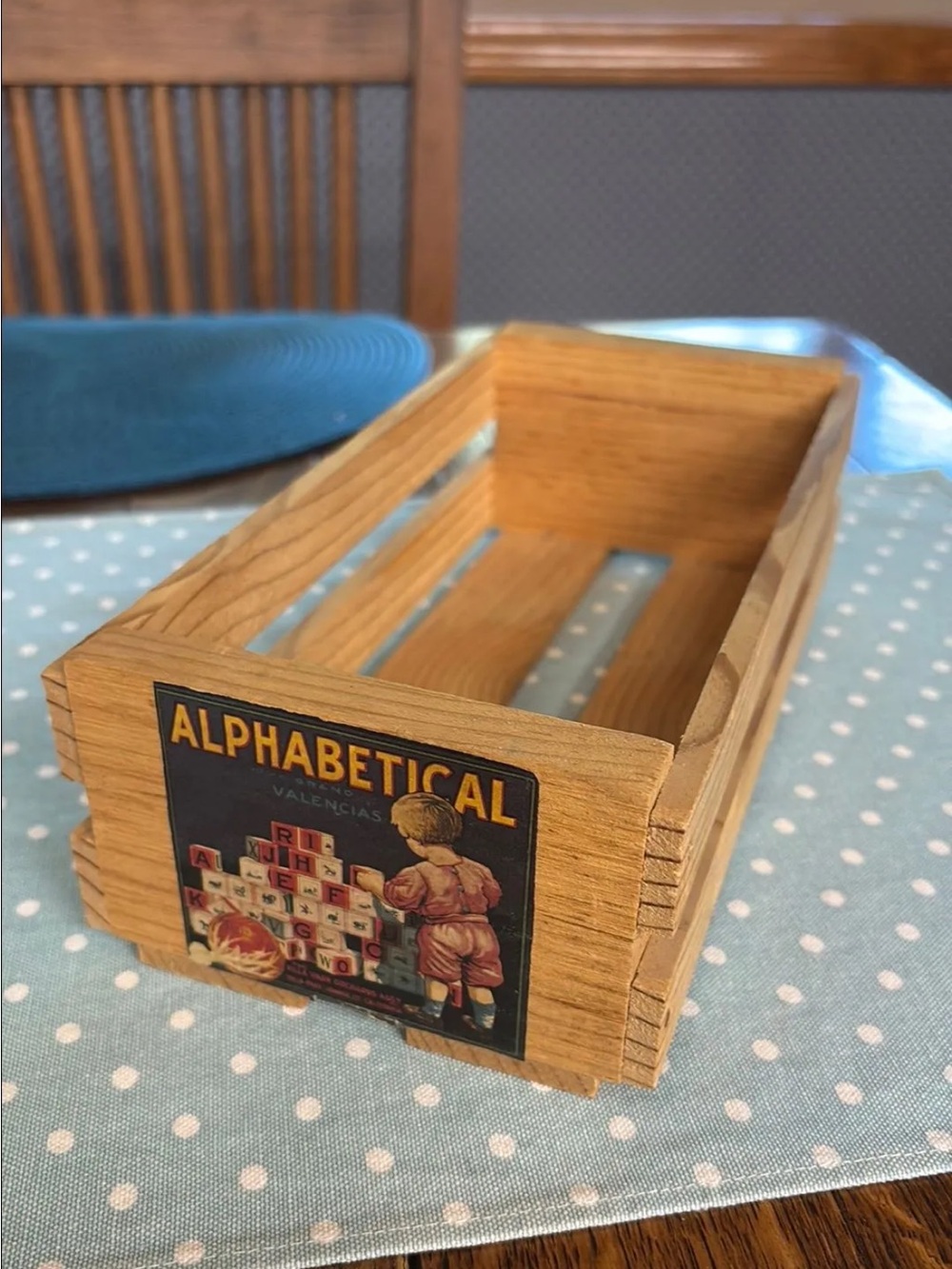 Wooden Crate Box, featuring a decorative "Alphabetical" Brand Valencia Oranges